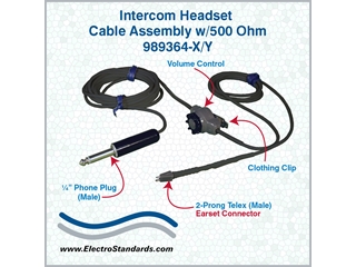 Model 9364-105/43 Intercom Headset Cable Assembly w/500 Ohm Volume Control, Custom Lengths Available