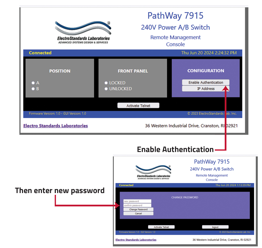 PathWay Model 7915 240 VAC A/B Switch GUI Log in