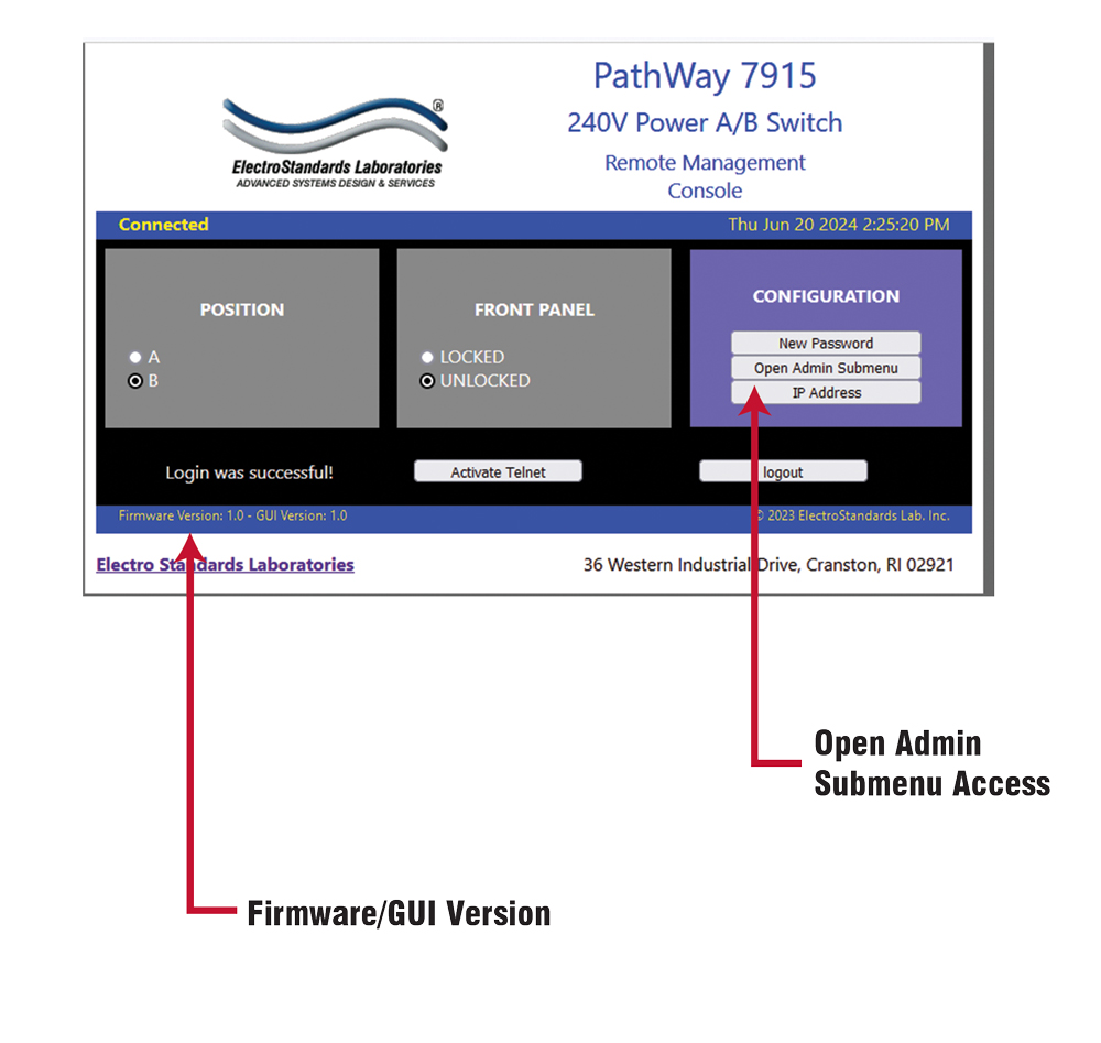 PathWay Model 7910 120 Volts A/B Switch GUI Admin Submenu Access