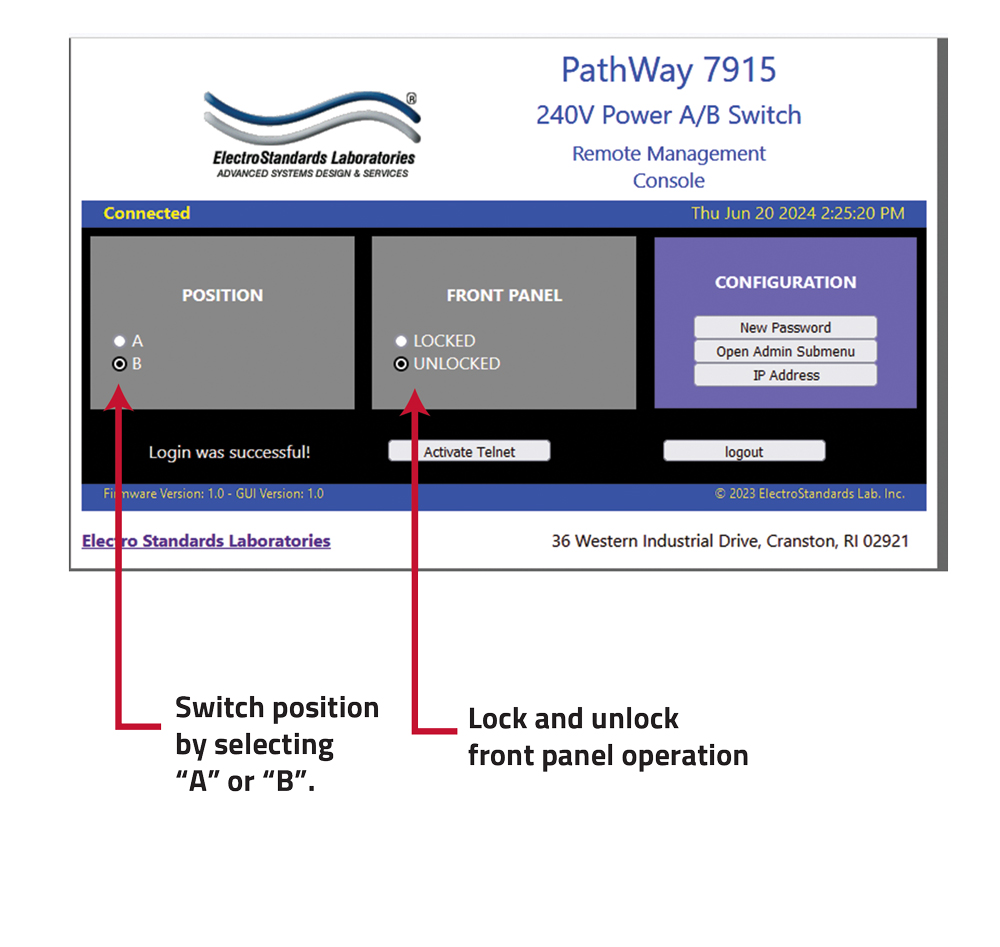 PathWay Model 7914 120 VAC A/B Switch GUI Change Position and Lock Status
