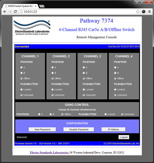 PathWay® Model 7374 Main GUI Panel